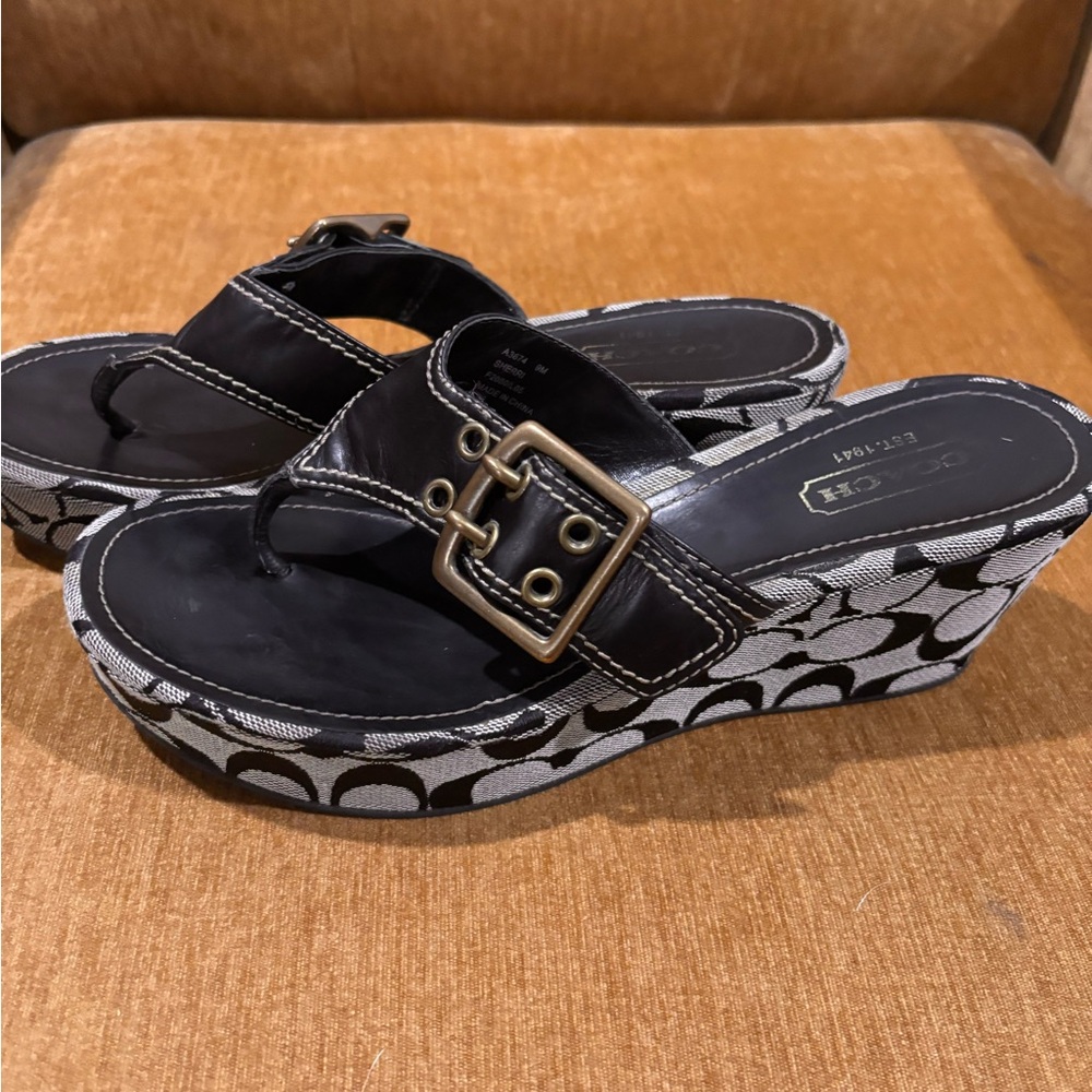 Vintage Coach Sherri Monogram Platform Wedge Sandals Black Gray Y2K Buckle 9 - Picture 6 of 7